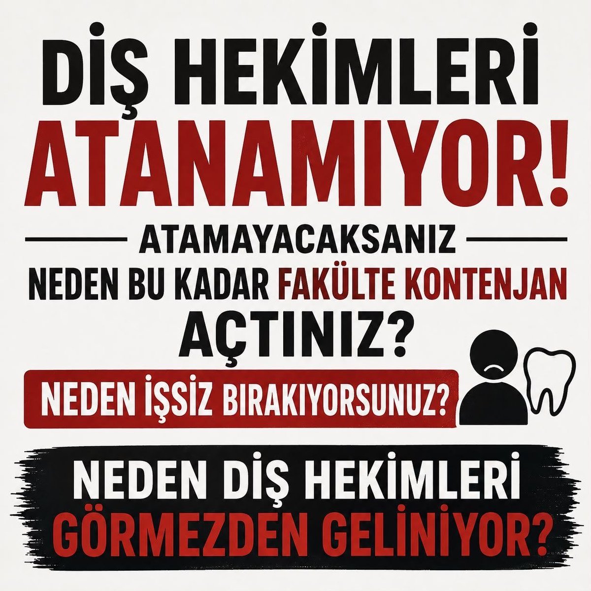 dtdaenerys's tweet photo. Bir tarafta iş bulamayan diş hekimleri, diğer tarafta randevu ve tedavi bekleyen vatandaşlar… Aynı ülkede bu iki sorun birlikte yaşanıyorsa çözüm yeni kontenjanlar değil, doğru istihdam planlamasıdır.

#AileDişHekiminiBekliyor https://t.co/9ABOM8LKyQ