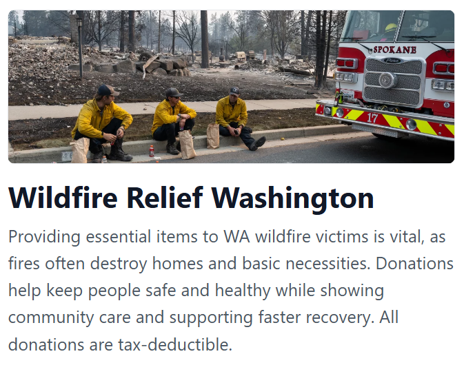 OneEach's tweet photo. Washington wildfire victims need immediate support. ❤️
Help provide essentials like water, food, blankets, hygiene products, baby supplies, and pet food to affected families.
https://t.co/jWf8It1OCi
#WildfireRelief #WashingtonWildfires #DisasterRelief #GiveBack https://t.co/MciMEQ9psM