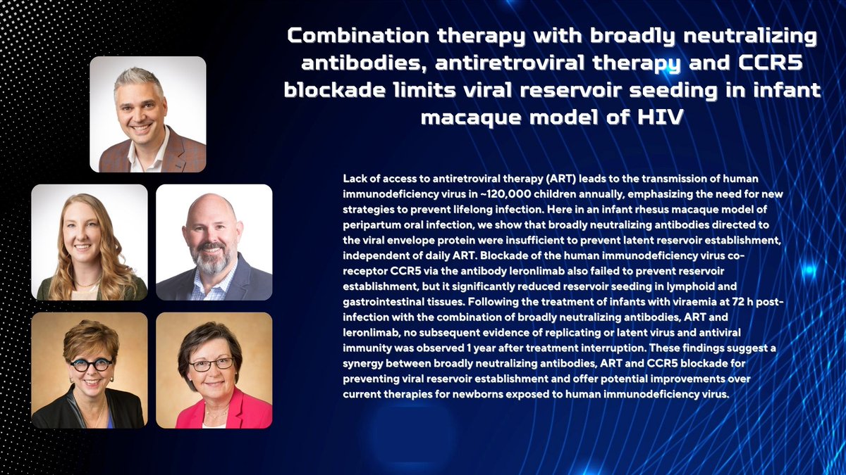 VGTI_OHSU's tweet photo. This week our Sacha, Wolters, and Hansen lab and affiliate lab teams with additional contributors including Nancy Haigwood and Ann Hessel, published a new paper in Nature Microbiology! Their findings suggest a synergy between broadly neutralizing antibodies, ART and CCR5 blockade for preventing viral reservoir establishment and offer potential improvements over current therapies for newborns exposed to HIV.

Read the full article at:
https://t.co/PdB2GqbBlw