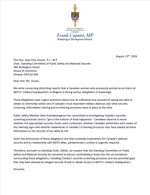 DaneLloydMP's tweet photo. BREAKING:

Following the recent report that the Liberals allowed an alleged spy to gain access to NATO’s military HQ, Canadians are seeking answers.

I join my colleagues on the Standing Committee on Public Safety and National Security in calling for an urgent meeting to investigate how this was allowed to happen.

We will see how the Liberals respond.