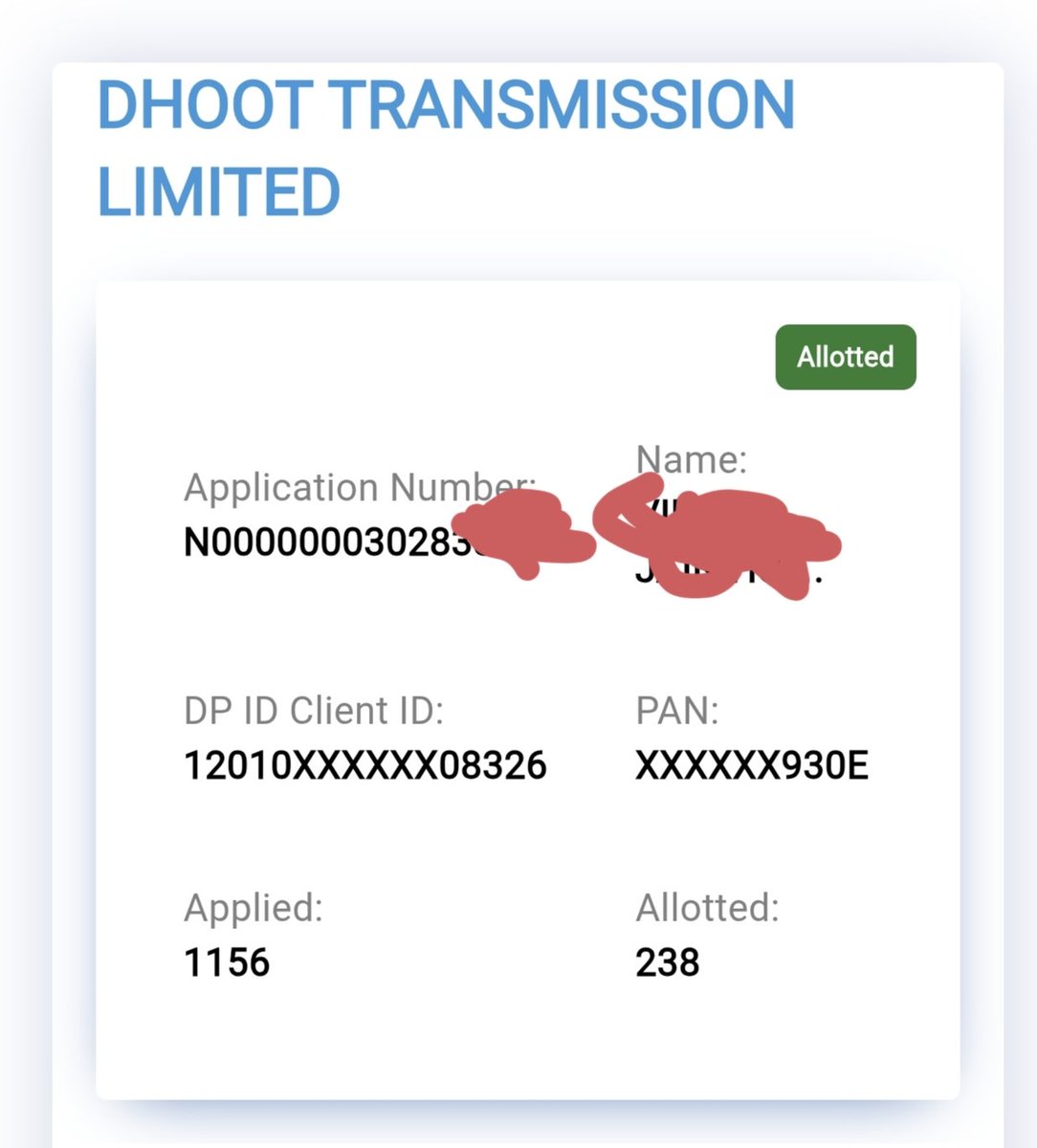 vikrantrjain's tweet photo. #ipoallotment #ipo #dhoot https://t.co/x4B6LZ23W4