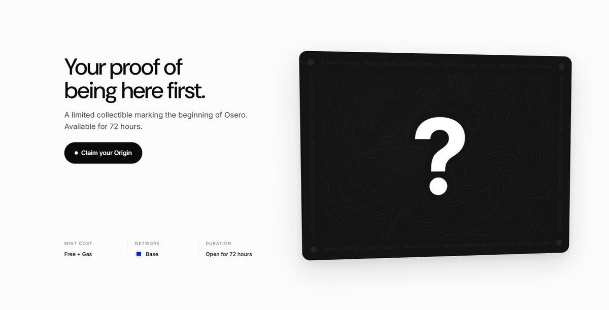 0xMoei's tweet photo. Mint Osero Origin NFT 

@OseroHQ is a stablecoin yield infra that raised $13.5M from Sky (formerly MakerDAO)

platform is not live yet. this mint is the early community cut before the product is out

those kind of mints that usually gets ignored

mint: https://t.co/eSrNCERPmk https://t.co/eALD2zHG8I