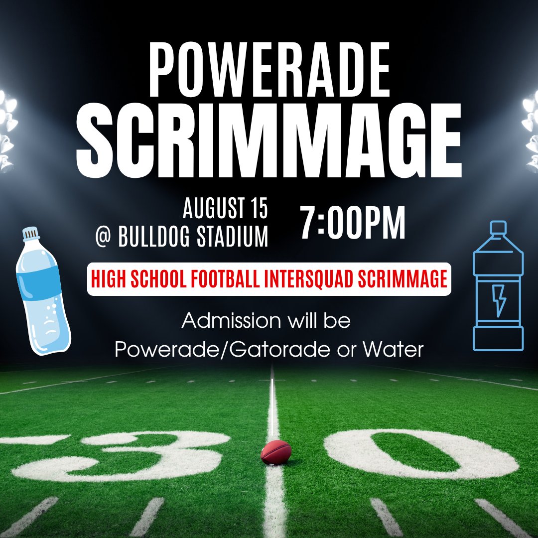 CJHSAthletics's tweet photo. 🏈 BULLDOG FOOTBALL IS BACK! 
Come get your first look at the 2026 Bulldogs this Saturday at our High School Football Intersquad Scrimmage!

📅 Aug. 15 | ⏰ 7 PM
📍 Bulldog Stadium
Admission: Powerade, Gatorade or water. https://t.co/GQDb0Wr9mW