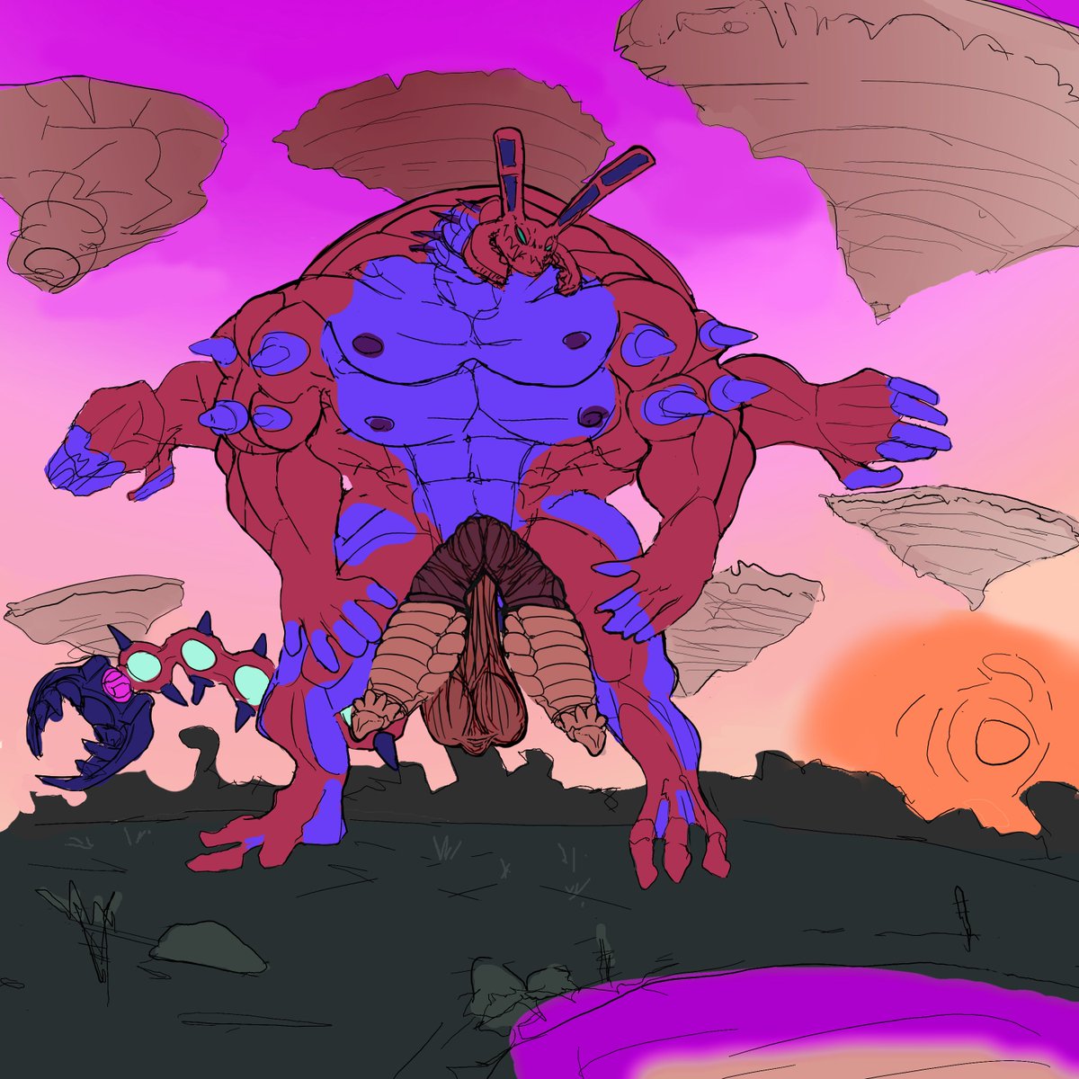 bugfaker's tweet photo. Commission for "wyntergreen" on the blue butterfly site:

A massive bug monster from a Galaga/Pacman wii game who disguises himself as an inhabitable landmass. Now, he has two masses that want to inhabit Pacman's insides. https://t.co/hTu5w6bIj5