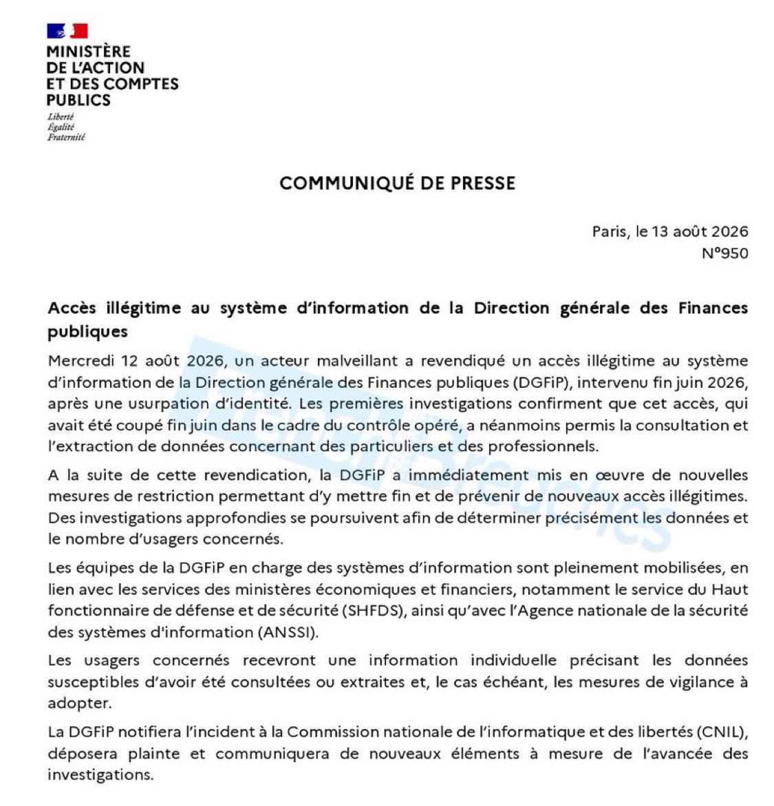 BastionMediaFR's tweet photo. ‼️🇫🇷 𝗔𝗟𝗘𝗥𝗧𝗘 𝗜𝗡𝗙𝗢 — L’État confirme la cyberattaque ayant visé au moins 678 000 personnes sur le site des impôts français.

Le nombre total de Français concernés est encore à déterminer. https://t.co/uwQ8jcAnJp