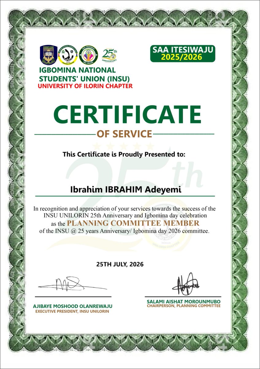 PRIMEIB's tweet photo. Honored to be recognized by INSU UIL💚
Awarded 2 Certificates of Service for serving as PR/MEDIA COMMITTEE MEMBER and PLANNING COMMITTEE MEMBER during the INSU@25 Anniversary &amp; Igbomina Day 2026.

Grateful for the SAA ITESIWAJU EXCO.
Service is sweet when it’s for your people https://t.co/gIANZn5L8A