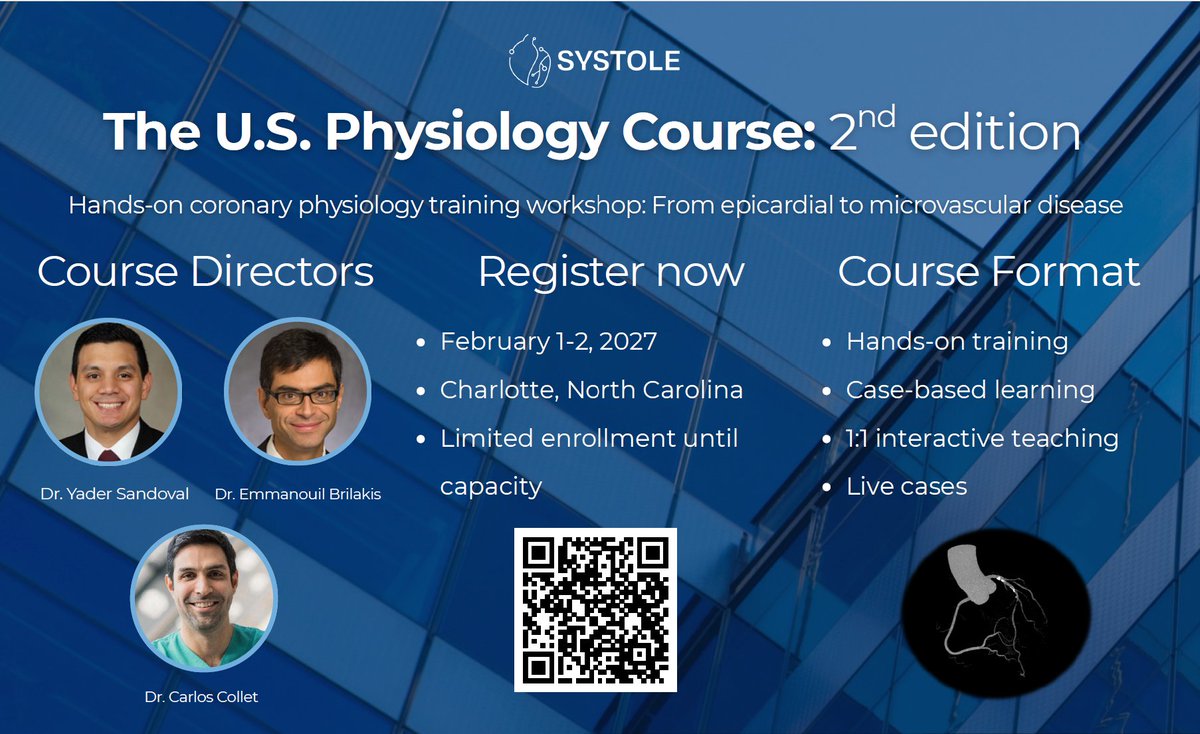 SYSTOLE_live's tweet photo. Join us for The U.S. Physiology Course: 2nd Edition — an immersive, hands-on program in contemporary coronary physiology.

📅 Feb 1–2, 2027
📍 Charlotte, NC
🔗 Registration: https://t.co/eEYOELWNFN

📧 education@systole.live https://t.co/zzfWOpPh4v