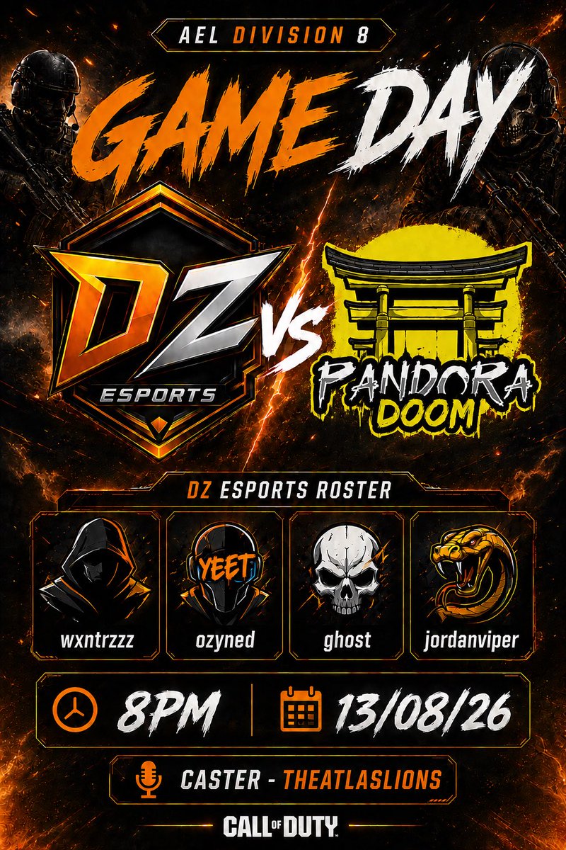 dropzone_cod's tweet photo. GAME DAY 

DZ ESPORTS V PANDORA DOOM

@Wxntrzzz_ 
@ozyned 
@Ghostk12113 
@JordanViper21 

8pm @ ttv/theatlaslions https://t.co/UcP7uNlEDQ