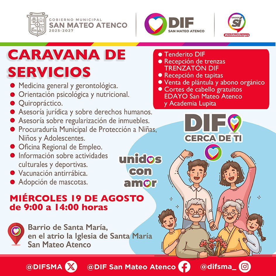 DIFSMA's tweet photo. ¡Tu #DIF #SanMateoAtenco está más cerca de ti!
🚨Vecina y vecino del #BarrioSantaMaría🚨
Tu familia es lo más importante y te invitamos a la caravana #DIFCercaDeTi donde encontrarás servicios para cuidar a quienes más quieres.
📆Miércoles 19
📍Atrio de la iglesia
🕘 9:00 h https://t.co/giqdYQWLN3