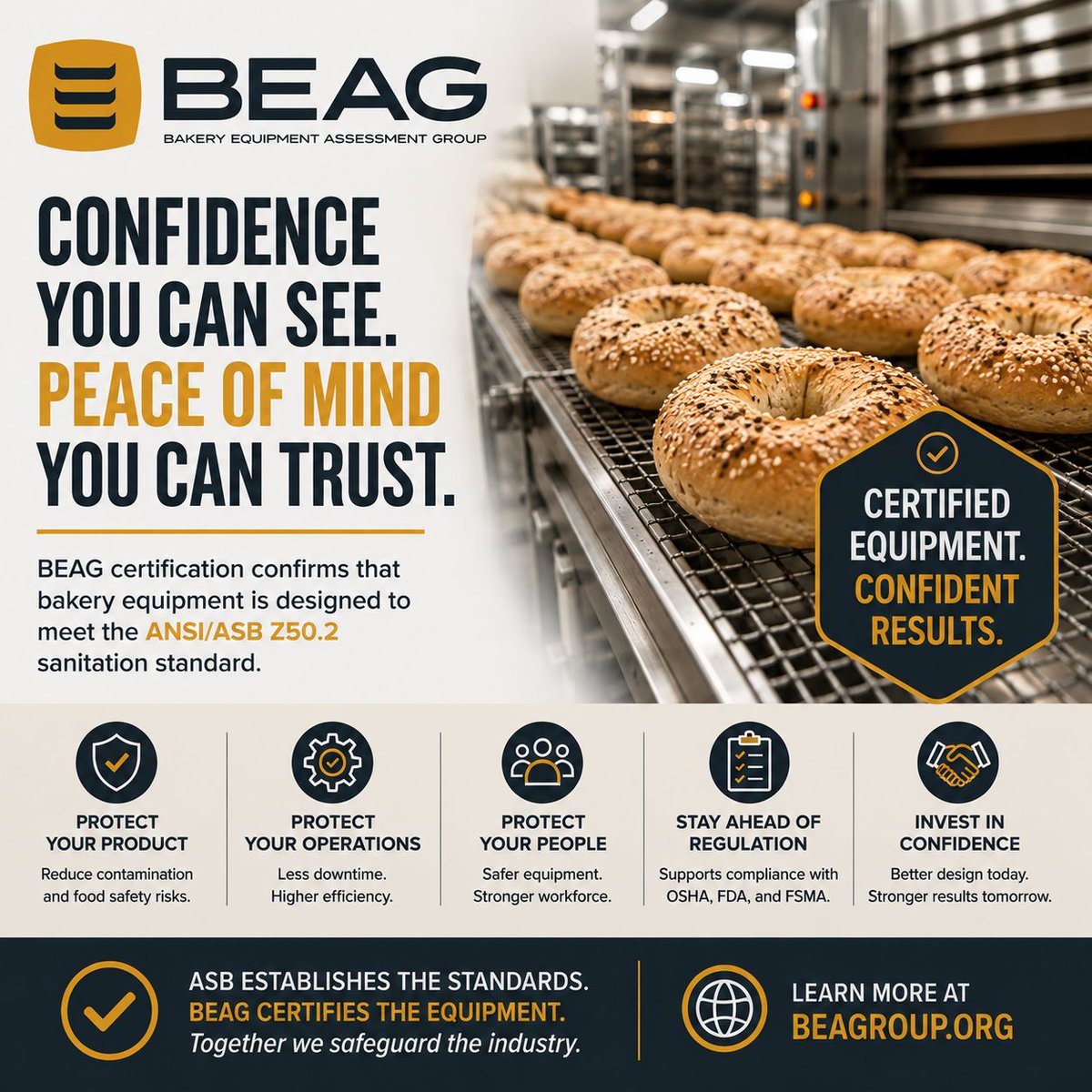 theBEAGroup's tweet photo. BEAG certification is about more than a mark on a machine. It gives bakers greater confidence that the equipment they purchase has been evaluated against bakery-specific sanitation requirements. Certified equipment. Greater confidence. More peace of mind.
https://t.co/2jXNyPLJIa https://t.co/OpbpvKF1Rz