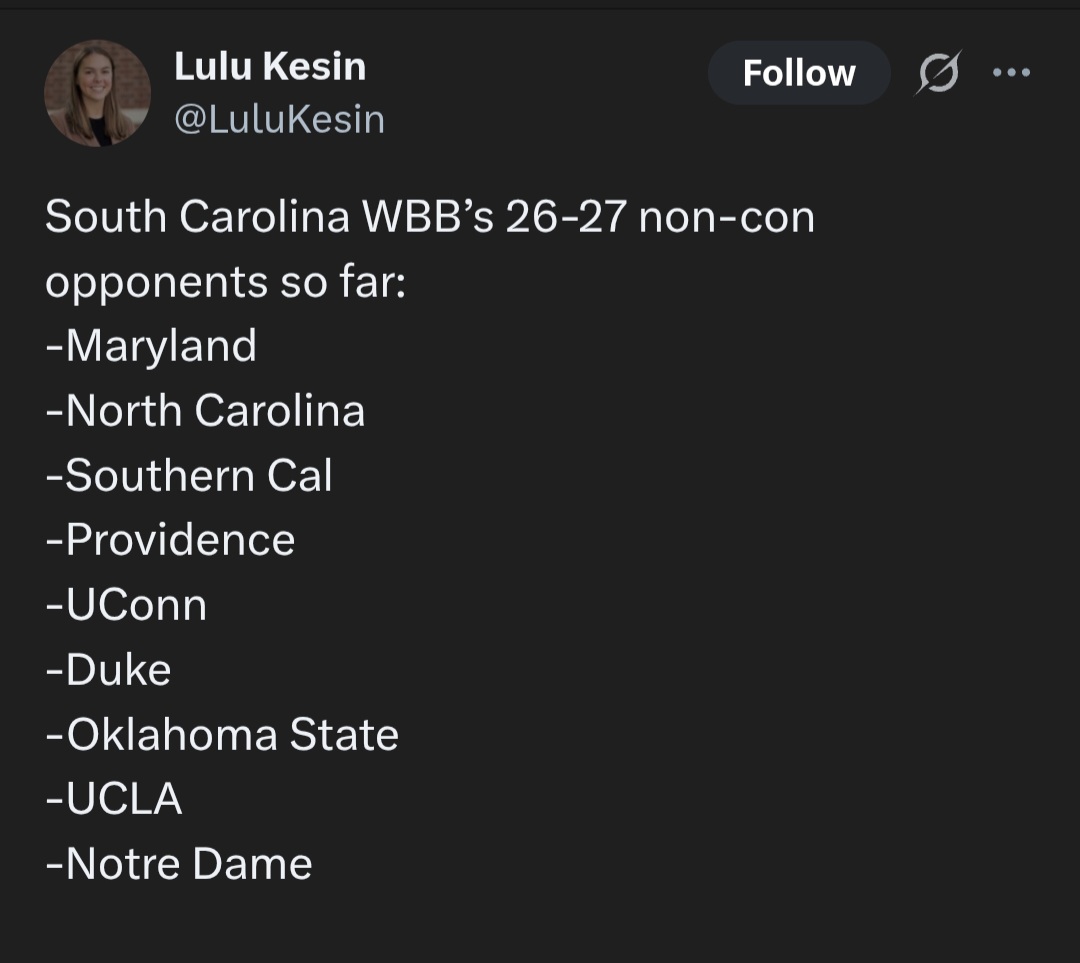 joshgoblin96887's tweet photo. @twc_222 @HDTHEAGENCY @JohnSmithrmj5 @SkimMilkey @UConnWBB Lmfao stop smoking crack Sc schedule is light years ahead of Uconns. Uconn has a weak non con we have  these plus the sec schedule https://t.co/BMcqxLPOo6