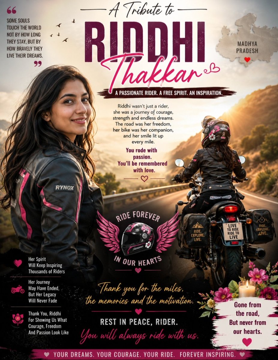 TheLraoFCnFLT's tweet photo. (13.08.2026) Rider Riddhi Thakkar (2002–2026) Her life revolved around motorcycles, travelling and the freedom of the open road. For Riddhi, every journey was more than a ride—it was a celebration of life, adventure and dreams.
#RiddhiThakkar #RideForever #RIPRiddhi https://t.co/CHckM0LXrS