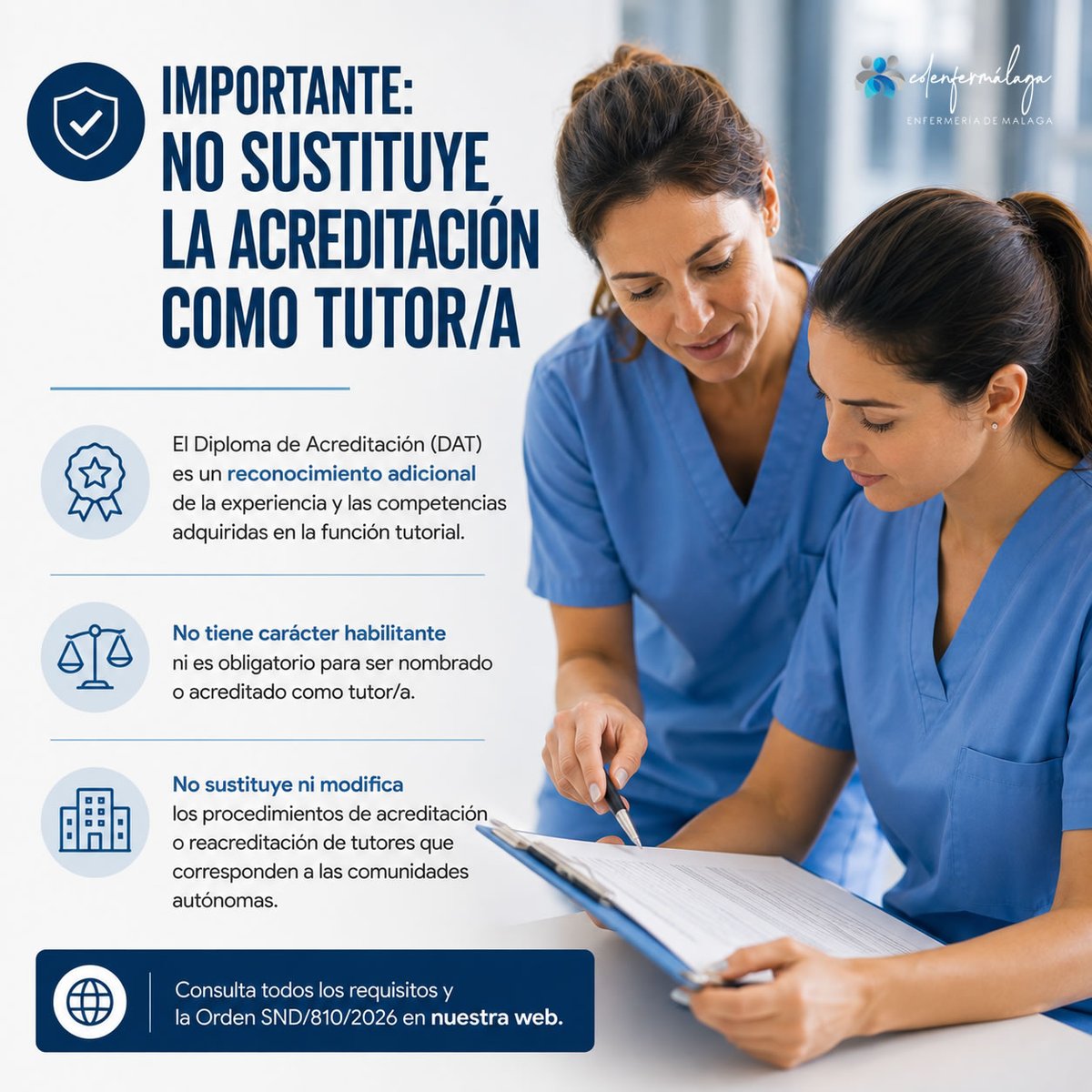 ColEnferMalaga's tweet photo. 📢 ¿Eres tutor/a de residentes #EIR?

Sanidad crea un nuevo Diploma de Acreditación (DAT) para reconocer la labor tutorial.

🔹 2 años de experiencia
🔹 30 créditos de formación
🔹 5 años de vigencia
⚠️ No sustituye la acreditación como tutor/a.

https://t.co/GerAZN1EfO https://t.co/9jvJl1mSEb