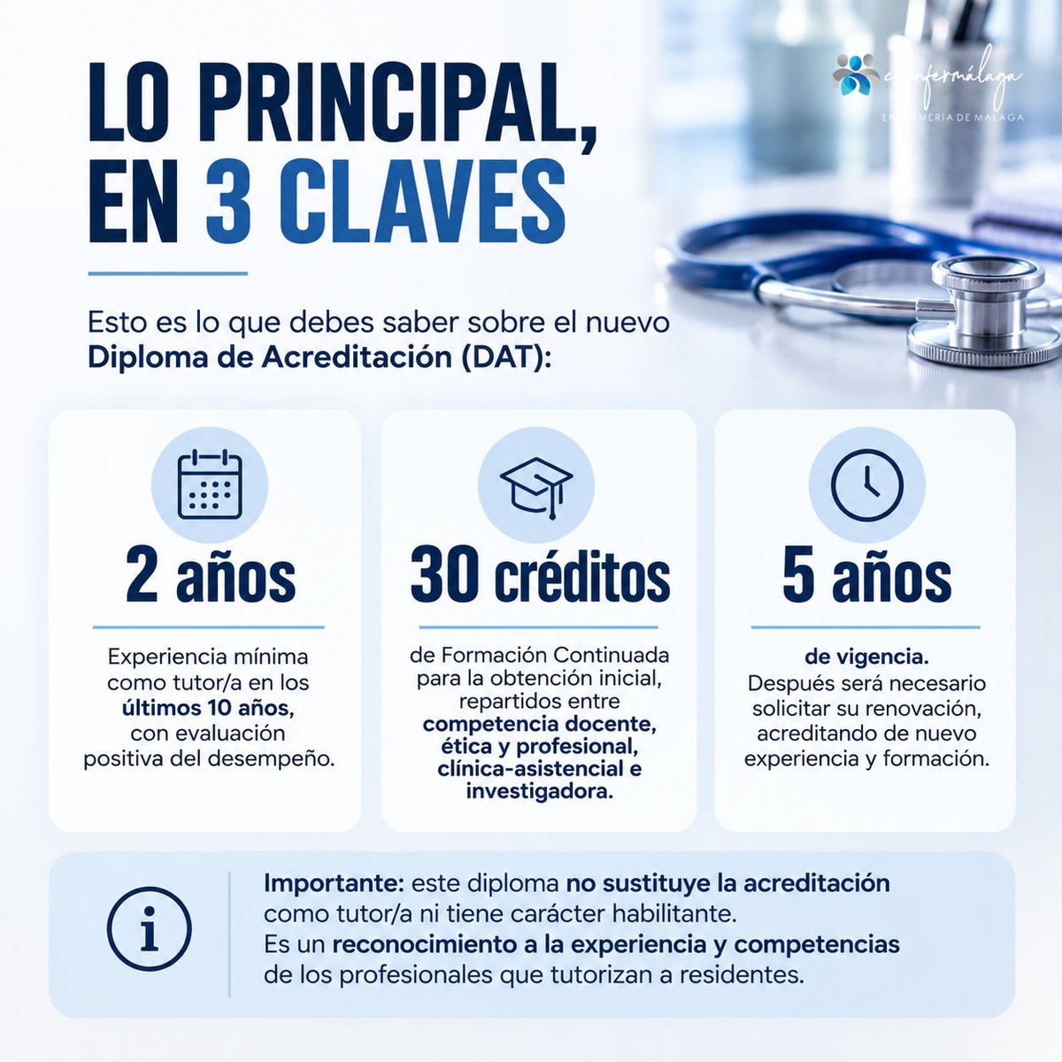 ColEnferMalaga's tweet photo. 📢 ¿Eres tutor/a de residentes #EIR?

Sanidad crea un nuevo Diploma de Acreditación (DAT) para reconocer la labor tutorial.

🔹 2 años de experiencia
🔹 30 créditos de formación
🔹 5 años de vigencia
⚠️ No sustituye la acreditación como tutor/a.

https://t.co/GerAZN1EfO https://t.co/9jvJl1mSEb
