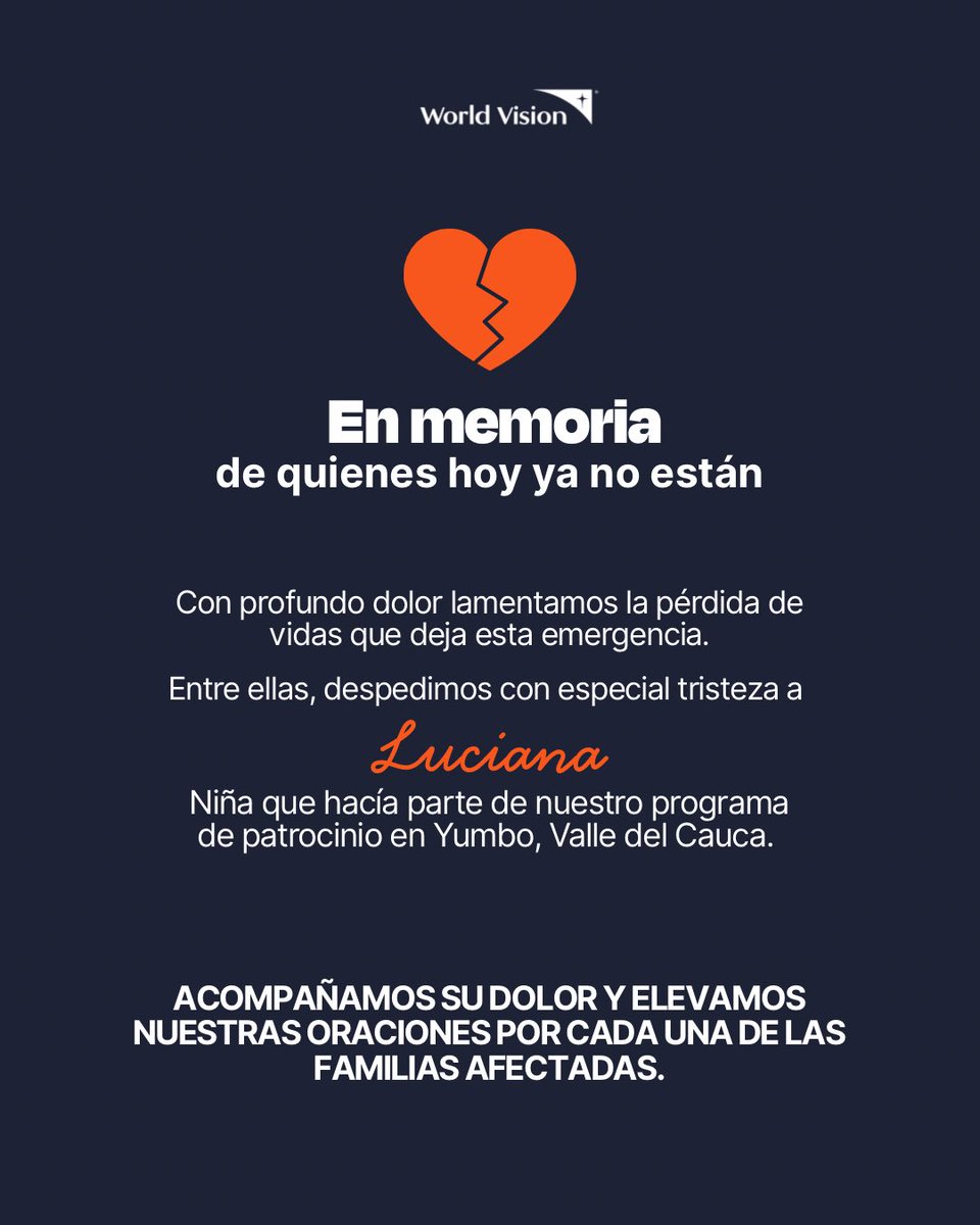 WorldVisionCO's tweet photo. 🙏 En memoria de quienes ya no están.

Con profundo dolor despedimos a Luciana una niña que hacía parte de nuestro programa de patrocinio en Yumbo, Valle del Cauca y que perdió la vida a causa del terremoto.💔 https://t.co/GBkVDvCLNp