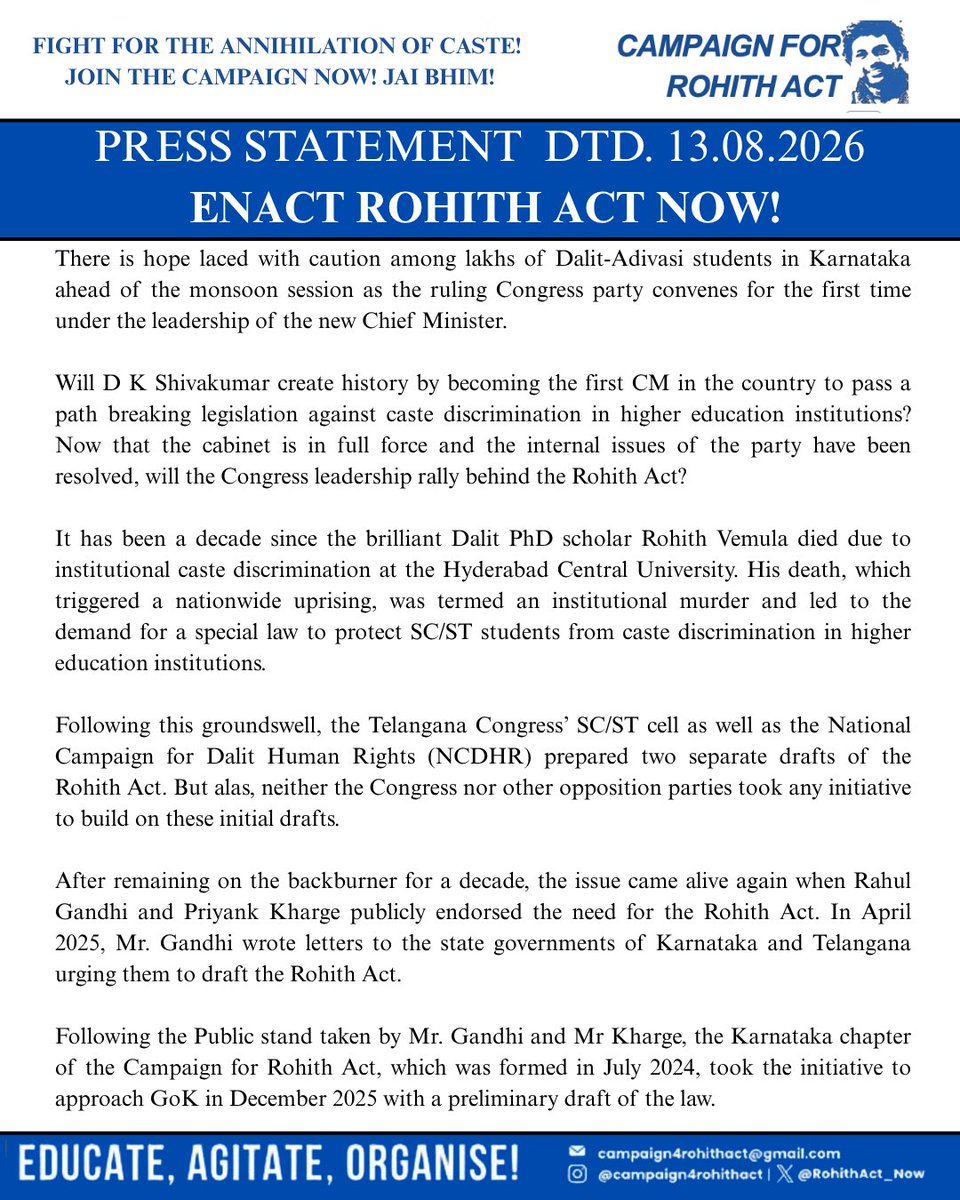 RohithAct_Now's tweet photo. The enactment of the Rohith Act will resurrect those hopes, dreams, and aspirations so cruelly extinguished — reviving them from the shadows to the stars, through justice.

ENACT ROHITH ACT NOW!!!!!!

@RahulGandhi @DKShivakumar  @PriyankKharge https://t.co/sObbfBvzOC