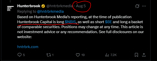 babyfolio's tweet photo. Be careful who you listen to.
This clown disclosed he was long $NBIS on August 5.

> August 6: Michael Burry announces his short.

> August 10: The filing comes out.

> August 12: $NBIS pumps 40%, confirming Vineland remains within the expected timeline.

> August 13: Hunter Brook Capital does not disclose a long position.

Now let's connect the dots:

He was long on August 5. Burry announced his short. Hunter Brook paperhanded around $180.

Then the August 10 filing came out.

Why did Hunter Brook wait?

My read: they wanted $NBIS to sell off on earnings so they could use the filing to push it even lower.

Except that didn't happen.

They sold the absolute local bottom.

So now they want back in, and suddenly we get a "hit piece" that is mostly noise and addresses something $NBIS has already confirmed doesn't matter.

Once again: everyone is talking their book.

This guy lettuce-handed the trade, got it wrong, and now has every incentive to spread FUD and turn bearish on $NBIS.

Do your own research. Don't blindly follow someone else's position.