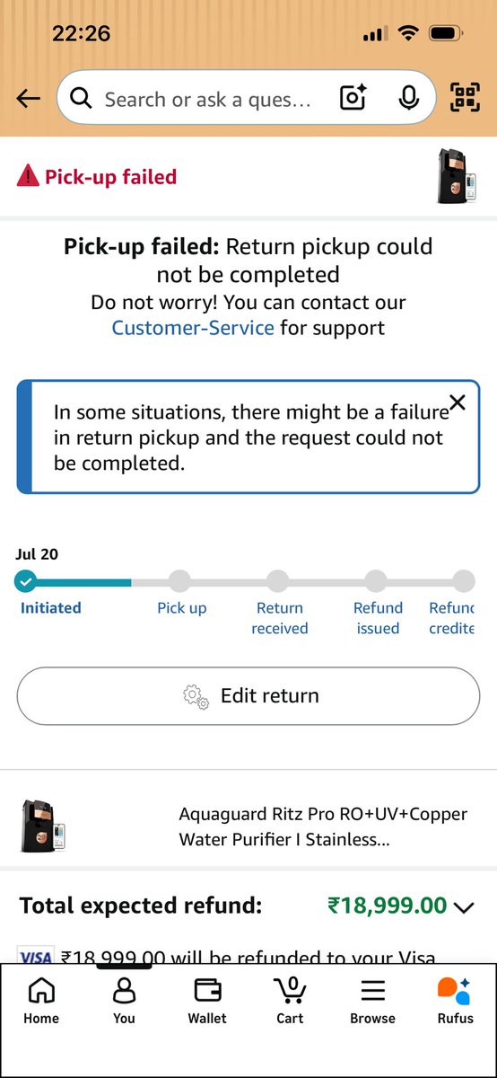 NobleFrederick's tweet photo. @ajassy @narendramodi @amazonIN I ordered an Aquaguard purifier on 18 July, delivered 19 July and installed 20 July. It was faulty, so I raised a return. Pickup was promised for 1 Aug → 8 Aug → 13 Aug, but nobody came. Today, your agent cancelled the return, citing a missing installation job card. https://t.co/Nh8DZRlCK3
