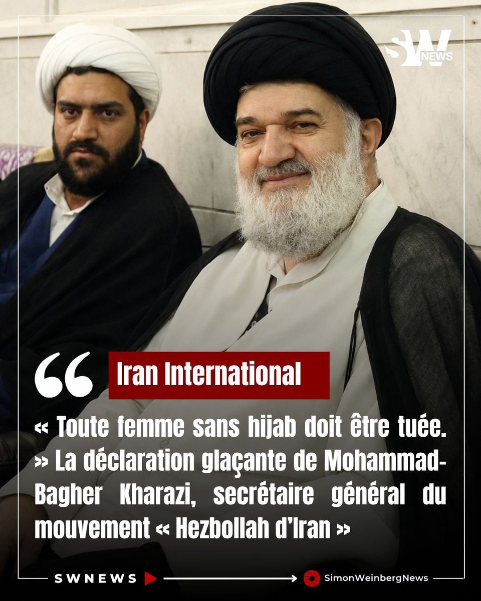 SlMONWEINBERG's tweet photo. 🔴🇮🇷⚡️ | IRAN > « Toute femme sans hijab doit être tuée. » La déclaration glaçante de Mohammad-Bagher Kharazi, secrétaire général du mouvement « Hezbollah d’Iran », provoque une nouvelle polémique dans le pays.

Dans une vidéo diffusée ces derniers jours, le religieux ultraconservateur affirme émettre une fatwa appelant à tuer les femmes non voilées. Il propose également de mobiliser des dizaines de milliers de militants pour imposer le hijab dans les rues et s’en prend violemment au gouvernement de Masoud Pezeshkian, qu’il qualifie de « satanique » et de soumis aux États-Unis. 

Kharazi n’est pas un inconnu du système. Lié par mariage à la famille Khamenei, il affirme connaître personnellement Mojtaba Khamenei depuis près de quarante ans et avoir participé à de nombreuses réunions privées avec lui. Ses affirmations sur cette proximité ne sont toutefois pas toutes vérifiables indépendamment.

Ses propos ont été jugés suffisamment graves pour entraîner sa convocation devant le Tribunal spécial du clergé iranien. 

Dans le même temps, la répression contre les femmes non voilées s’intensifie : au moins 42 cafés, restaurants, commerces et clubs sportifs ont été fermés en trois semaines pour non-respect des règles obligatoires du hijab. Iran International 

📌 En Iran, le voile n’est donc plus seulement une obligation religieuse imposée par l’État : pour certains ultraconservateurs proches du pouvoir, son refus mérite désormais la mort.

Source : Iran International
#Iran #Femmes #Hijab #Khamenei #DroitsDesFemmes