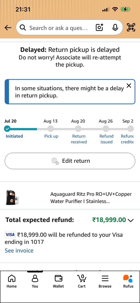 NobleFrederick's tweet photo. @AmitAgarwal @amazonIN I ordered an Aquaguard purifier on 18 July, delivered 19 July and installed 20 July. It was faulty, so I raised a return. Pickup was promised for 1 Aug → 8 Aug → 13 Aug, but nobody came. Today, your agent cancelled the return, citing a missing installation job card. https://t.co/FpNHtsgAIS