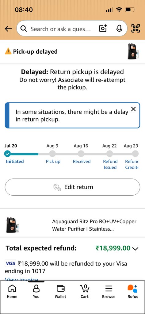 NobleFrederick's tweet photo. @ajassy @amazonIN I ordered an Aquaguard purifier on 18 July, delivered 19 July and installed 20 July. It was faulty, so I raised a return. Pickup was promised for 1 Aug → 8 Aug → 13 Aug, but nobody came. Today, your agent cancelled the return, citing a missing installation job card. https://t.co/mgvEICkoNV