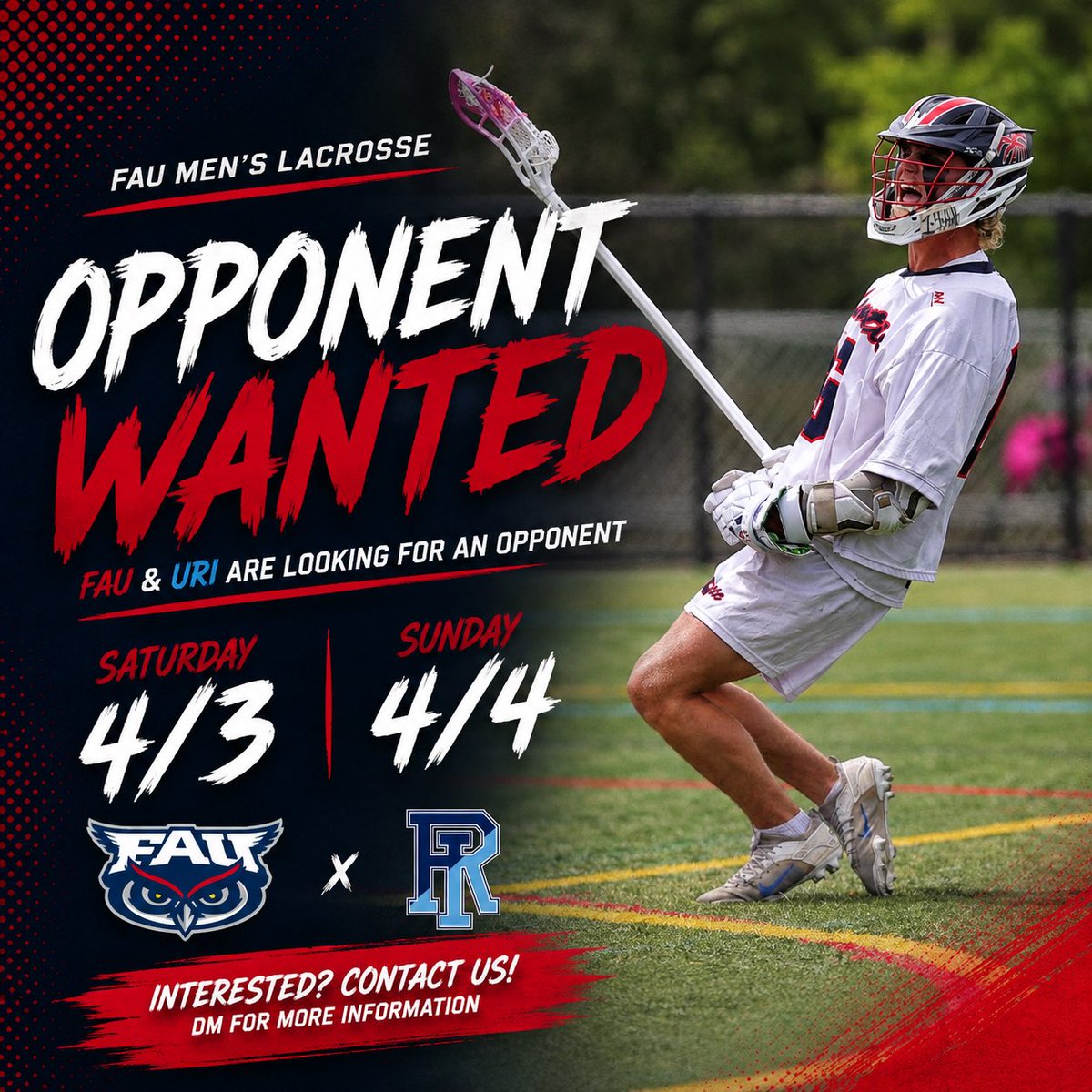 faumenslax's tweet photo. ♦️OPPONENT WANTED♦️
 
FAU and URI have open availability for games on 4/3 and 4/4. DM us if you’re looking to schedule!

#wereready #rollowls #ttk #wtdo https://t.co/PfCRNi0wDv