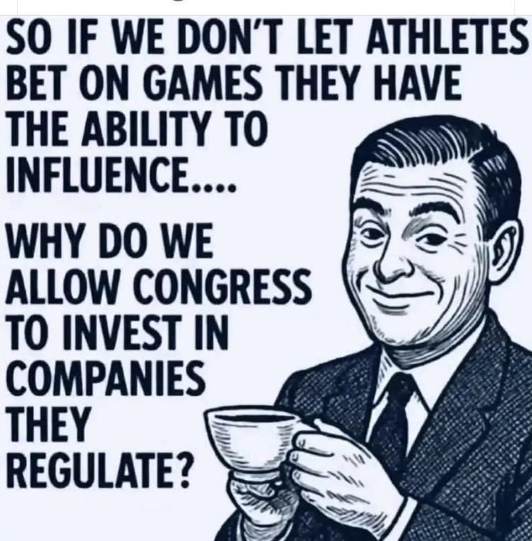 Suzierizzo1's tweet photo. This is such a good question because as far as most people think they shouldn’t be allowed to. What do you think should Congress be allowed to invest in Companies they regulate? https://t.co/XspoYJ2nG0