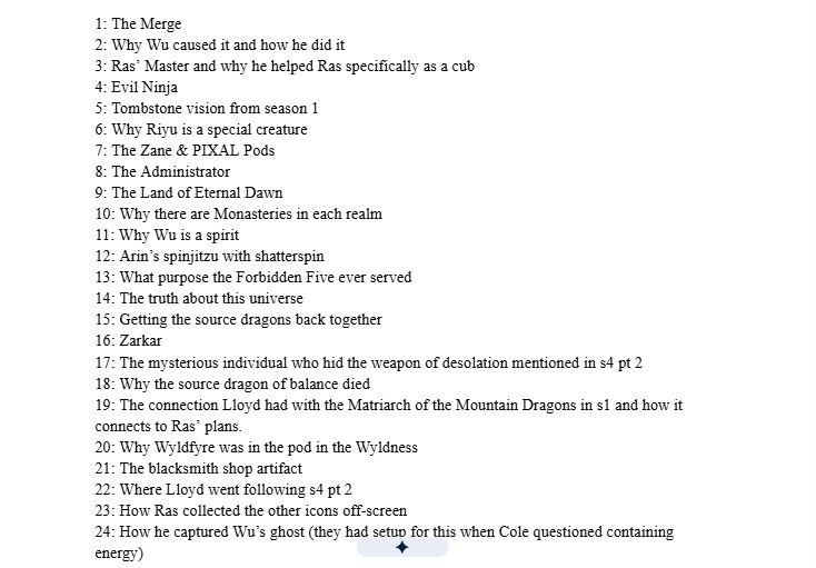 KKuhn1017962's tweet photo. Here's a list of everything they need to address in s5. I wrote it down on a Google Doc. That's...a lot for 20 episodes. But I guess that's what happens when you waste time on useless arcs with Rapton or Powerlid or whoever else. https://t.co/cMwiCmo48B