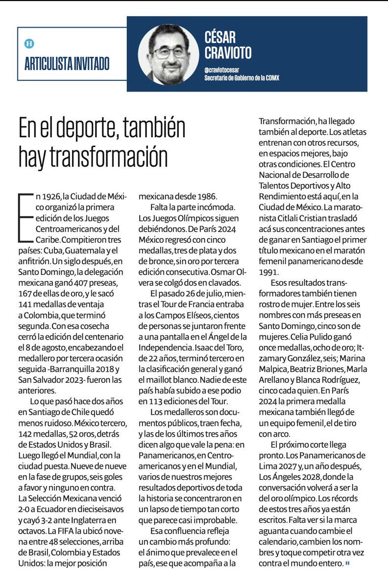 craviotocesar's tweet photo. ¡En el deporte también hay #Transformación! 🇲🇽⚡️
Gracias a los históricos triunfos de nuestros atletas en los #JuegosCentroamericanos, el #TourDeFrancia, el #Mundial, los #Panamericanos y demás competencias, la Presidenta @Claudiashein anunció que el próximo año aumentarán las becas deportivas. 👏🏽
En mi columna para @heraldodemexico te cuento sobre estos históricos triunfos. 👇🏽
https://t.co/lKueSyGytR