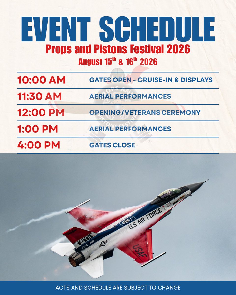 PAPF_Akron's tweet photo. Event Schedule is LIVE!  

Your key times for the Props and Pistons Festival are here. For your safety and ours, individual aircraft times aren’t released, but you’ll know if you attend!

Tickets at https://t.co/i2S8OeGo3s https://t.co/uFOglBjRTP