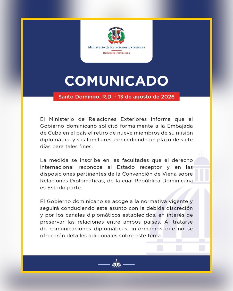 ListinDiario's tweet photo. #LoÚltimoLD | La Cancillería de República Dominicana confirmó la información revelada en exclusiva por este diario, en la que se daba cuenta de la expulsión de nueve diplomáticos cubanos.

🔗https://t.co/kuCTDlrjTn

#ListínDiario https://t.co/W4Tf02ZizP