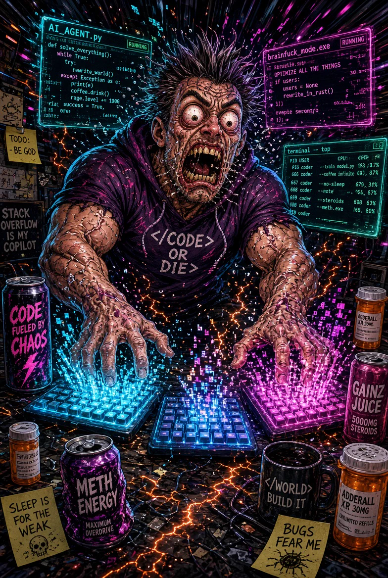 A chaotic neon cyberpunk illustration of an anthropomorphized AI coding agent as a hyper junior engineer on steroids and meth. The figure is extremely muscular and vascular with cracked, veiny skin, wild spiky hair, bulging bloodshot eyes, and a wide screaming mouth showing severe meth mouth with rotting teeth. He wears a tight purple hoodie printed with “</CODE> OR DIE>” and furiously types on three glowing keyboards that spray blue and pink digital particle streams. Floating holographic terminals surround him with frantic code about rewriting the world, coffee, optimizing everything, and a system monitor showing processes such as steroids and meth.exe at high CPU. Cluttered in the foreground are energy-drink cans, medicine bottles, a mug and sticky notes.