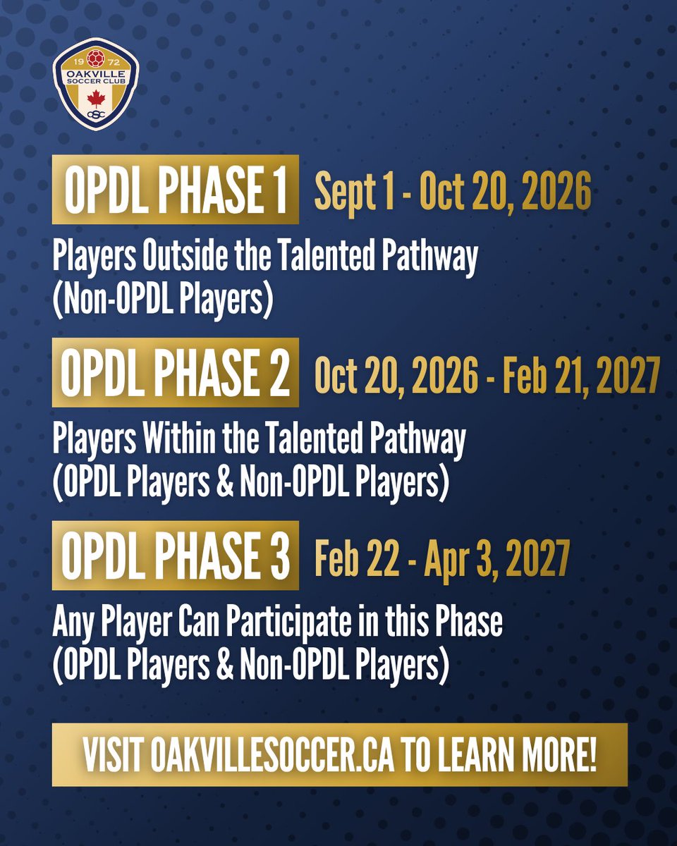 Oakville_Soccer's tweet photo. The first phase of OSC's OPDL tryouts are a couple of weeks away! π
Swipe through to learn more about the OPDL Tryout Phases, and visit our website to see further details on the tryout process, dates, and more!
#OSC #OPDL https://t.co/HdmfpLXad8