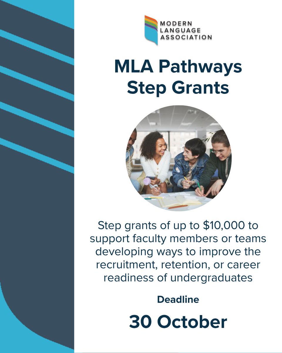 MLAnews's tweet photo. We’re accepting applications for our MLA Pathways step grants. These grants support individual faculty members or small, local teams developing ways to improve the recruitment, retention, or career readiness of undergrad students. Apply by 30 October. https://t.co/oEqgHNfUyn https://t.co/HY46VDsELK