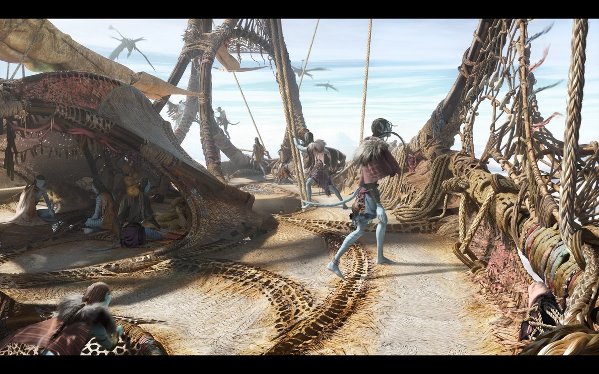 JonathanBach16's tweet photo. A Tlalim crew member takes in the view as they travel to High Camp. After finally doing a ton of heavy lifting with modeling &amp; texturing the Windtraders Gondola, I spent some time doing paint overs of renders detailing the ties that hold the ship together &amp; the decorations the https://t.co/xqEtZM84d2