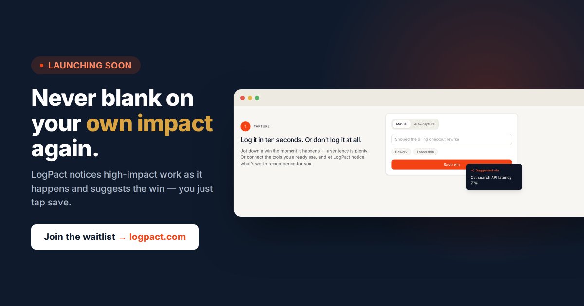 getlogpact's tweet photo. The best feature might be the one you never touch.

LogPact notices high-impact work in your connected tools and suggests the win. You just tap save.

Waitlist's open → https://t.co/kzwa2k1jAK https://t.co/4cdWKUw7lk