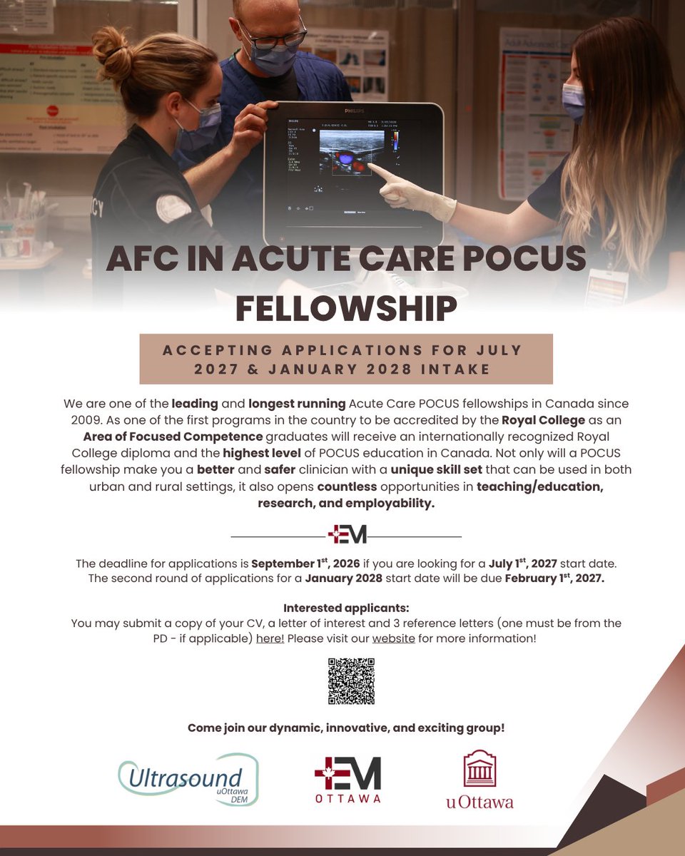 emergmedottawa's tweet photo. Ready to take your POCUS skills to the next level?!

The University of Ottawa's Department of Emergency Medicine’s Acute Care POCUS Fellowship is now accepting applications for a July 2027 and January 2028 start date.

🎓 Royal College AFC-accredited
🌎 Internationally recognized diploma
📚 Advanced clinical, educational, and research training
⏰ Apply by September 1st, 2026 for a July 1st, 2027 start date and apply by February 1st, 2027 for a January 1st, 2028 start date
🔗 For further details and to apply: https://t.co/Jp7VOgxZZ7

#POCUS #EmergencyMedicine #UltrasoundEducation