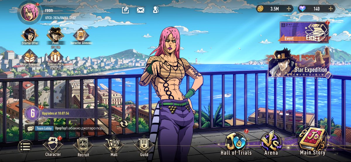suoiconer's tweet photo. jojo gs day one recap 

the banners are cute but 60 pity for the stands too? just greedy
playable diavolo and bucciarati = game saved
the combat is ass as expected tho
I got so lucky im only missing F.F. to complete my favs collection ❤️‍🩹❤️‍🩹
classic mobile slop will keep playing https://t.co/xEbYVzx6Ik