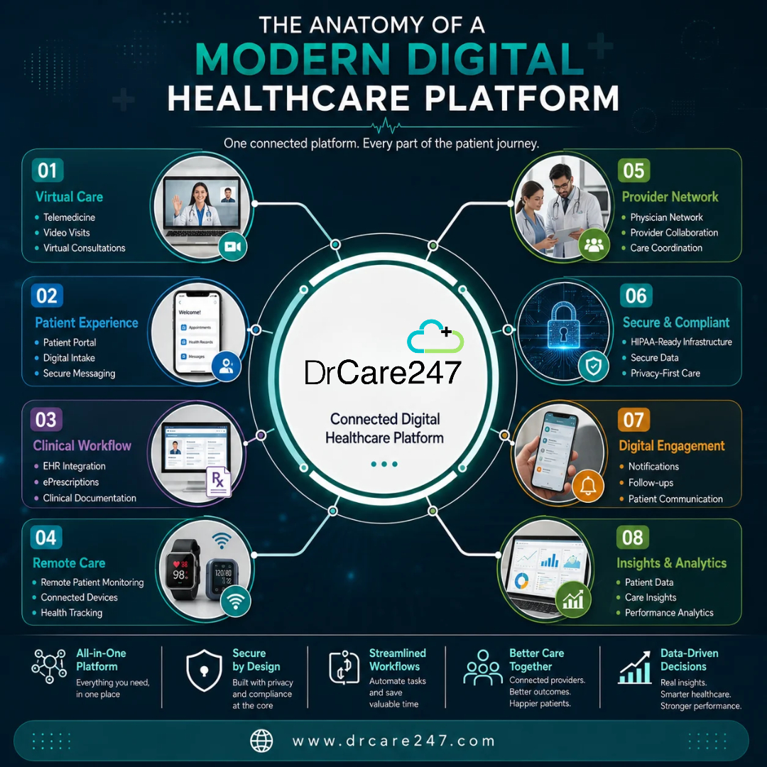 drcare247's tweet photo. One connected platform. Every part of the patient journey.

From virtual care and remote monitoring to patient engagement, clinical workflows, provider collaboration, and healthcare insights—DRCARE247 connects it all.

#DRCARE247 #DigitalHealthcare #HealthTech #Telehealth #Health https://t.co/QzTbUBllBu