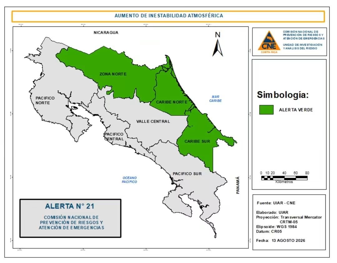 CNECostaRica's tweet photo. ¡Se espera un aumento de lluvias!🌧️ Y con este pronóstico, la CNE declara Alerta Verde en la Zona Norte y la Vertiente del Caribe. 🟢 https://t.co/e7izDi9H9w
