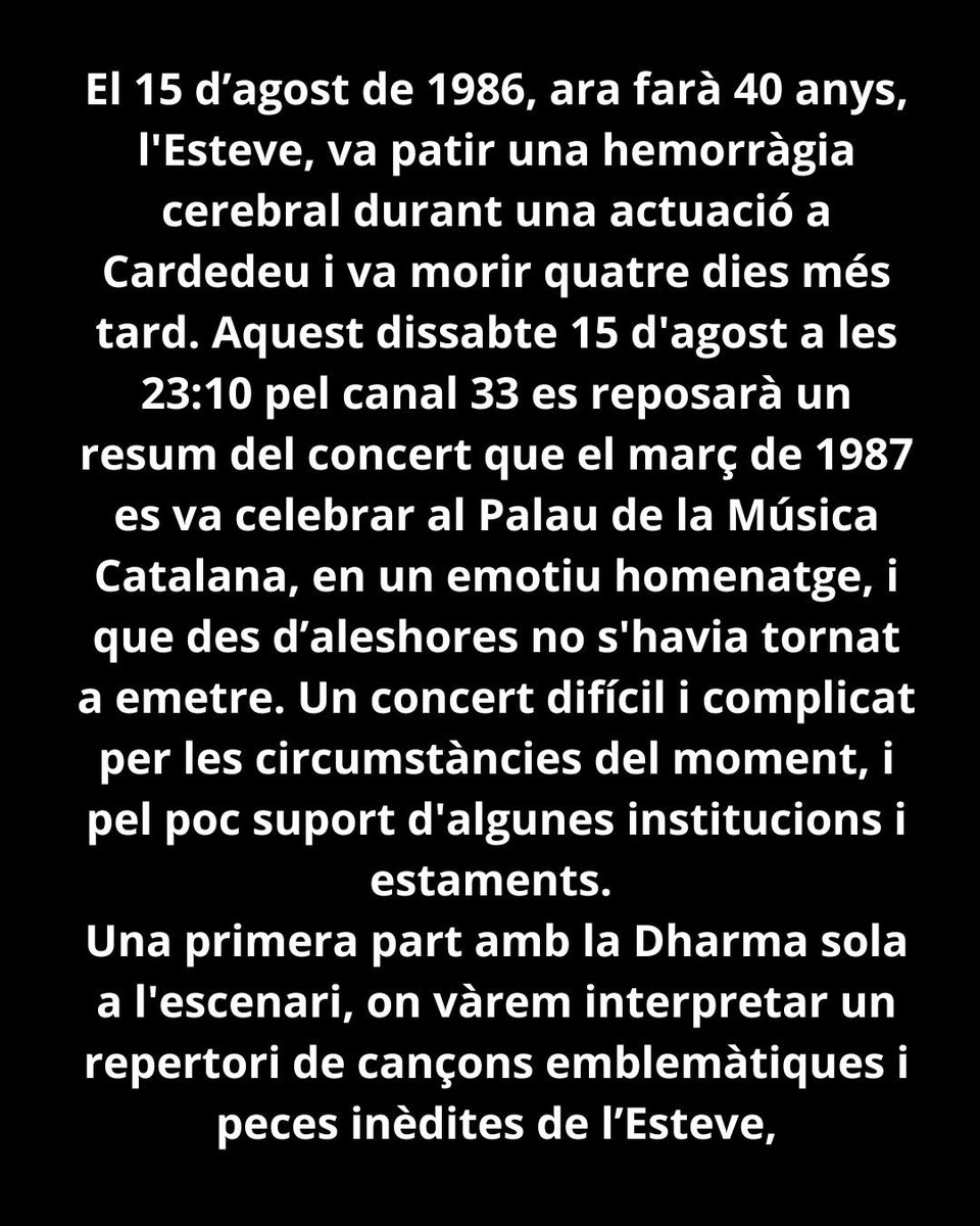 ElectricaDharma's tweet photo. Emès per TV3 l'any 1987 i mai més difós des d'aleshores 
Concert “Homenatge Esteve Fortuny” 
Dissabte 15 d’agost 23:10 h. Canal 33
Gràcies @som3cat @manelcamp i a tota la gent que ens va acompanyar i ho va fer possible.
Abans 22h Documental “Sempre Dharma” https://t.co/q1TV6V6kVf
