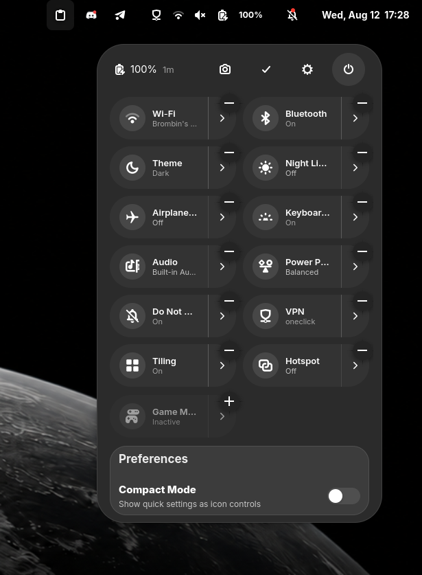 brombinmirko's tweet photo. You can now customize quick toggles in Singularity Desktop! Oh and there is also a icon-only mode now.

I am slowly implementing all the valid features the community is asking for. If you like what I am doing, please consider sponsoring my work.  Thanks <3 
https://t.co/qtl6nDGJ6q

#Windows #Linux #OpenSource #Development #Design