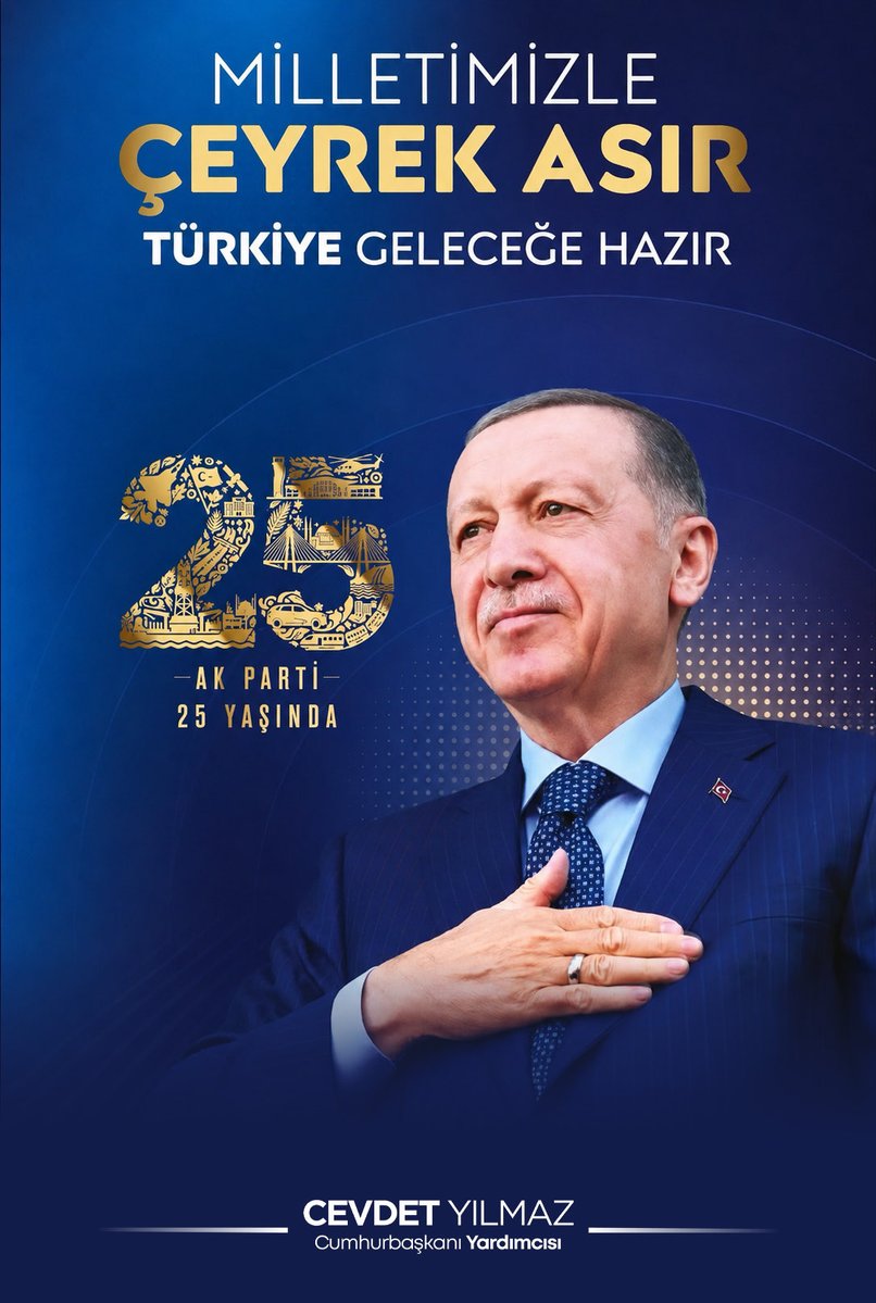 _cevdetyilmaz's tweet photo. Yarın idrak edeceğimiz AK Parti’mizin kuruluşunun 25. yılı kutlu olsun.

Cumhurbaşkanımız, Kurucu Genel Başkanımız Sayın Recep Tayyip Erdoğan liderliğinde çeyrek asra ulaşan adalet ve kalkınma mücadelesine samimiyetle katkı sunan herkese şükran borçluyuz.

Bu çeyrek asra, “Artık hiçbir şey eskisi gibi olmayacak.” sözü damgasını vurmuştur.

Bugün 1,6 trilyon doları aşan ekonomisi, vesayet yapılarından ve yasaklardan kurtulmuş demokrasisi, istikrarı teminat altına alan yönetim yapısı, güçlü sosyal bünyesi ve uluslararası saygınlığı ile Türkiye Cumhuriyeti yeni bir eşiktedir. Türkiye Yüzyılı bu sağlam zeminde yükselecektir. Terör gündemini kalıcı şekilde geride bırakmış bir ülke olarak, millî birlik ve dayanışma içinde hep birlikte büyük ve güçlü Türkiye’yi inşa etmeye devam edeceğiz.

Demokraside ve kalkınmada standartlarımızı yükseltecek, sosyal refahı artıracak, diplomasiyi önceleyen caydırıcı bir güç olarak yeni atılımlara imza atacağız. “Güçlüysem haklıyım.” diyenlere karşı hem güçlü hem de haklı olacağız. Daha güvenli, istikrarlı ve adaletin hâkim olduğu bir bölge ve dünya için Sayın Cumhurbaşkanımızın dirayetli ve tecrübeli liderliğinde gece gündüz çalışmayı sürdüreceğiz.

AK Parti teşkilatımızı ve “Erdemliler Hareketi” olarak başlayan bu yolculuğa gönül vermiş tüm dava arkadaşlarımızı gönülden selamlıyor, aziz milletimize hizmet yolunda nice yıllara diyorum.

Milletimizle Çeyrek Asır, Türkiye Geleceğe Hazır 🇹🇷