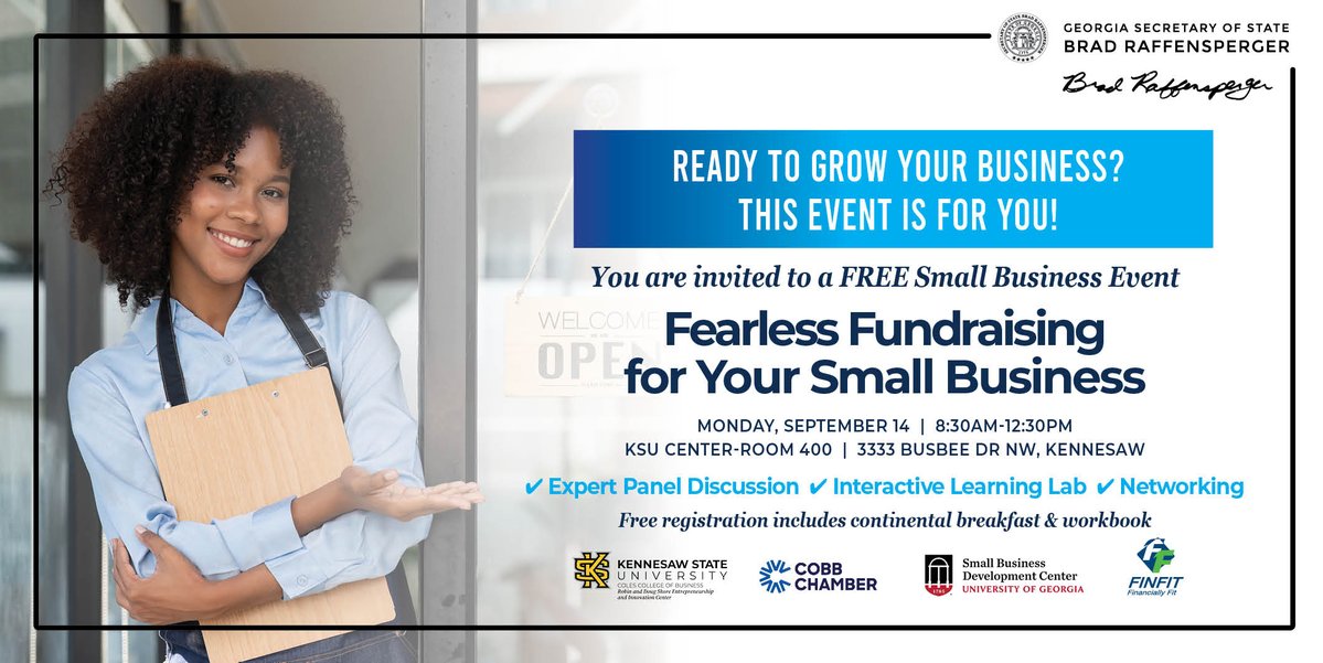 GaSecofState's tweet photo. We are bringing our live small business FIN FIT event to Kennesaw.

 Register free today at: https://t.co/rV05wbQGJh https://t.co/xPKCYnjOJm