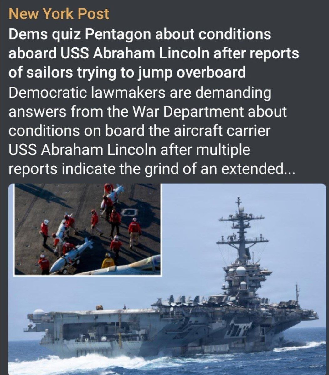 SoftWarNews's tweet photo. New York Post: Partai Demokrat menuntut Pentagon menjelaskan kondisi di atas kapal induk USS Abraham Lincoln menyusul laporan adanya sejumlah pelaut yang mencoba melompat ke laut.

Kemudian... 

Wall Street Journal, yang mengutip pejabat Amerika, kapal induk George Washington akan dikirim ke Asia Barat untuk menggantikan Abraham Lincoln.