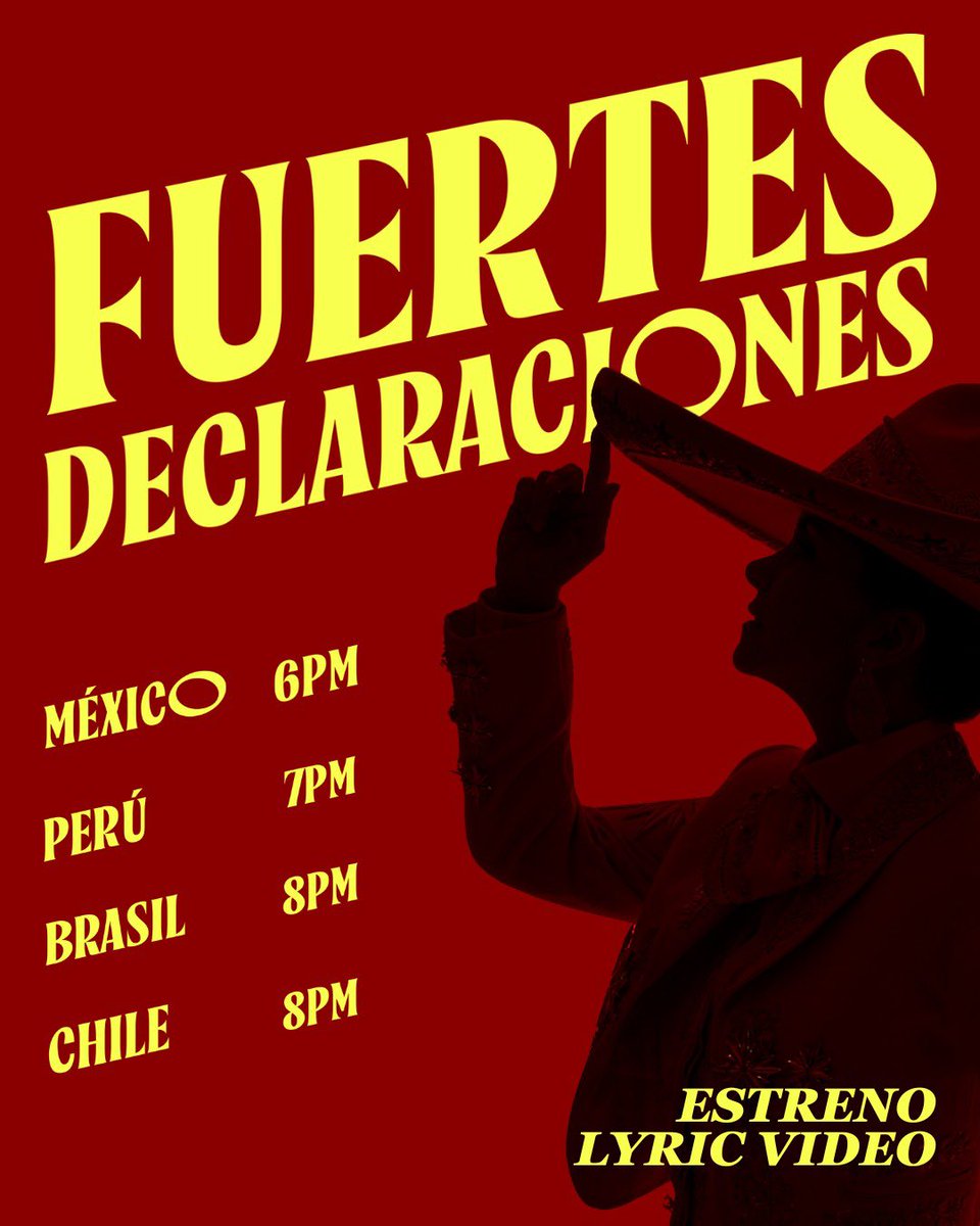 LuceroMexico's tweet photo. ¡Para que se la aprendan de principio a fin! ✍🏼🇲🇽✨
​Hoy a las 6:00 PM (CDMX) estrenamos el Lyric Video oficial de "Fuertes Declaraciones" en mi canal de YouTube. Corran a activar la recordatorio para que no se les pase 🎺

​⏰ Horarios de estreno:
​🇲🇽 México (CDMX) / 🇪🇨 Ecuador: 6:00 PM
​🇺🇸 USA (ET - Miami/NY): 8:00 PM
​🇨🇱 Chile / 🇧🇷 Brasil (São Paulo): 8:00 PM
​🇪🇸 España (Madrid): 2:00 AM

​¡Los espero en el chat del estreno para cantar juntos! ❤️🎶