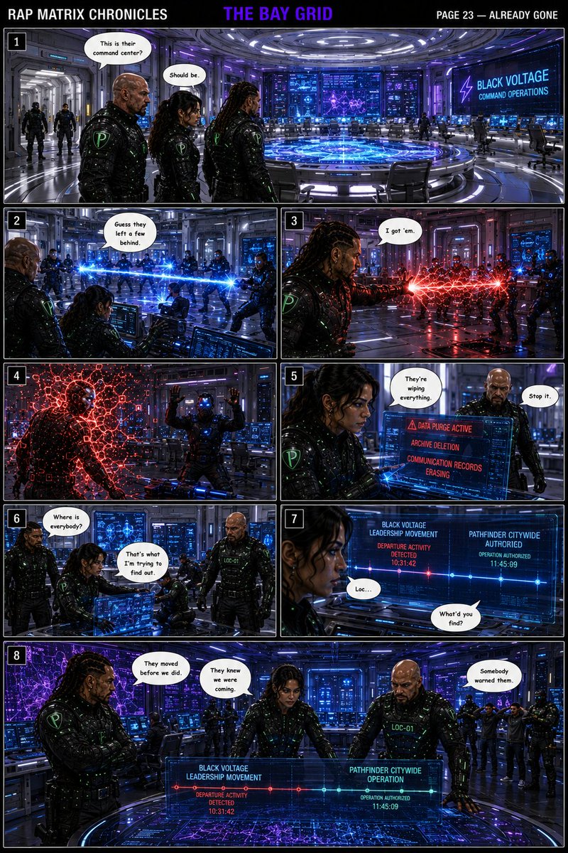 locdasmoke's tweet photo. RAP MATRIX CHRONICLES — THE BAY GRID
They found the command center.
They broke through what was left behind.
But Black Voltage's leadership was already gone.
They knew the Pathfinders were coming.
#RapMatrixChronicles #TheBayGrid #RapMatrix #BlackVoltage #PathfinderCorps
@ToshiArte @luisvillcruz @neveils_david_c @Delerat7