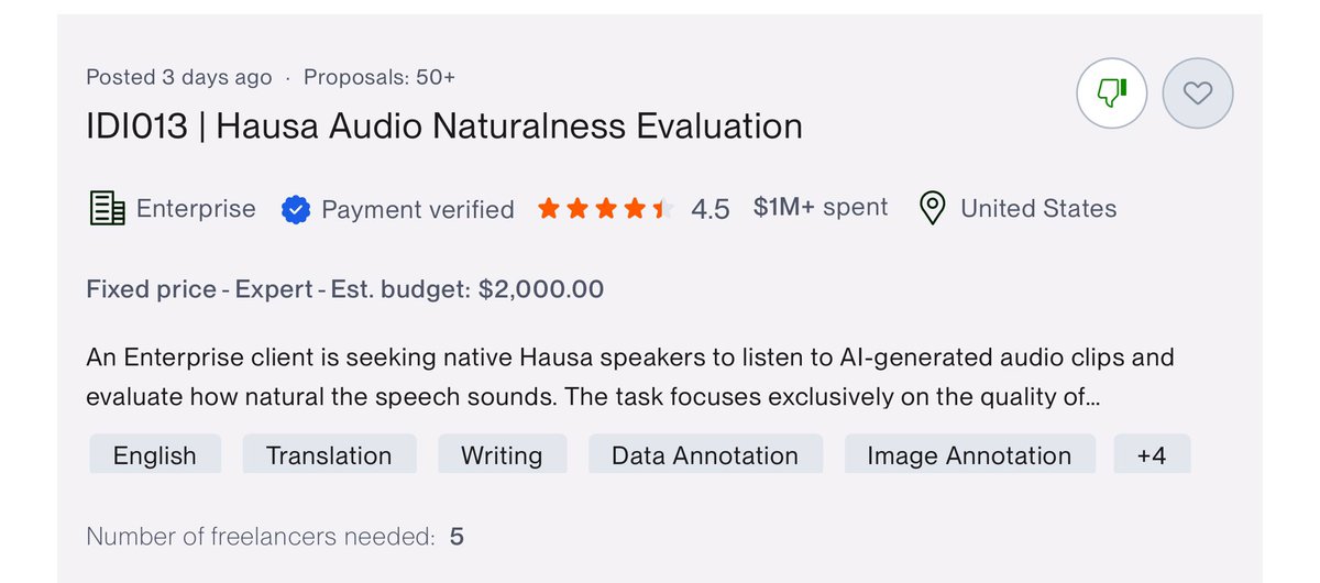 Dreythevice's tweet photo. If you're on Upwork.

Nigerian Yoruba, Hausa or Igbo, you should go for this.

I got an invite from them https://t.co/ZFWUJMByqU