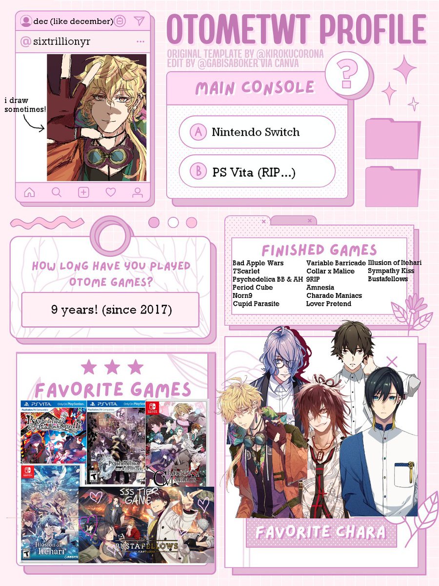 sixtrillionyr's tweet photo. hiiiiii i did the otome twt intro!!! i'm old to otome games but new here - feel free to interact yippeee :^) 
#otometwt #otometwtintro #otome (template credit: @/gabisaboker) https://t.co/JCFp1JH12X