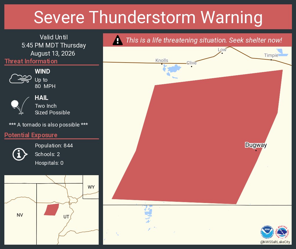 NWSSaltLakeCity's tweet photo. Severe Thunderstorm Warning continues for Dugway UT until 5:45 PM MDT. This destructive storm will contain wind gusts to 80 MPH! https://t.co/nUcdZJSi7y